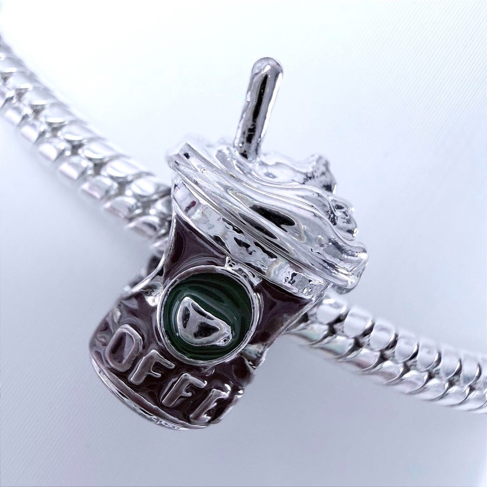 Coffee Cup Iced Latte Frappe Drink‎ Silver Bead Charm Fits Snake Chain Bracelet